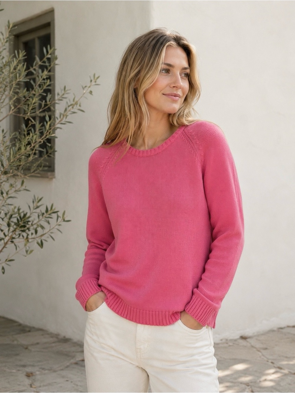 Vintage L.L.Bean Pink Cotton Knit Sweater Womens M Made In Hong Kong Crewneck
